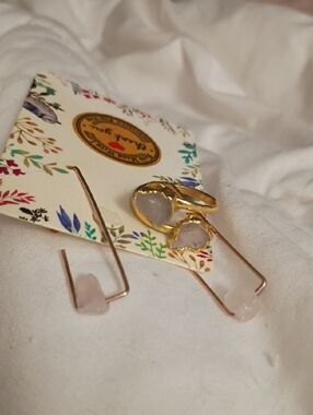 Rose Gold Earrings And Gold and Rose Quartz Ring Size 7 Bundle